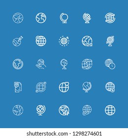 Editable 25 around icons for web and mobile. Set of around included icons line Globe, Worldwide, Planet earth, Earth globe, World, Memorize, Earth on blue background