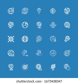 Editable 25 around icons for web and mobile. Set of around included icons line Worldwide, Globe, World, Earth, Planet earth, Earth globe, Cuckoo clock on blue background