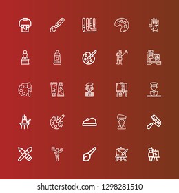 Editable 25 artist icons for web and mobile. Set of artist included icons line Easel, Art, Acting, Brush, Paint roller, Artist, Beret, Color palette, Statue, Painting, Mime on red