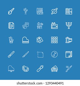 Editable 25 artistic icons for web and mobile. Set of artistic included icons line Brush, Piano, Palette, Note, Quaver, Art, Reel, Sculpture, Psi, Paint, Artist on blue background
