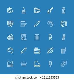 Editable 25 artistic icons for web and mobile. Set of artistic included icons line Notes, Brush, Piano, Rolling pin, Paint, Paint palette, Pisa, Canvas, Note on blue background