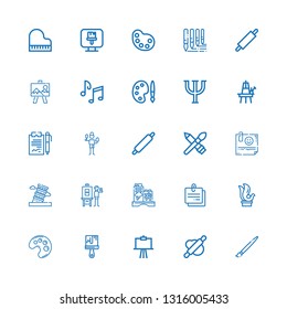 Editable 25 artistic icons for web and mobile. Set of artistic included icons line Brush, Rolling pin, Canvas, Paint brush, Palette, Sculpture, Note, Graffiti on white background