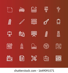 Editable 25 artistic icons for web and mobile. Set of artistic included icons line Graffiti, Note, Brush, Notes, Paint, Color palette, Piano, Paint tube, Pisa, Canvas, Art on red