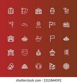 Editable 25 asia icons for web and mobile. Set of asia included icons line Baozi, Bamboo, Peking duck, Lotus temple, Onigiri, Flags, Bowl, Buddha, Samurai, Rice, Flag, Pad thai on red