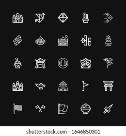 Bearbeitbar 25 asiatische Icons für Web und Mobile. Set von asia enthaltenen Symbolen Zeile Sai, Reis, Flagge, Torii, Gedächtnishalle, Magic-Lampe, Angkor Wat, Drache, Peking-Ente auf schwarzem Hintergrund