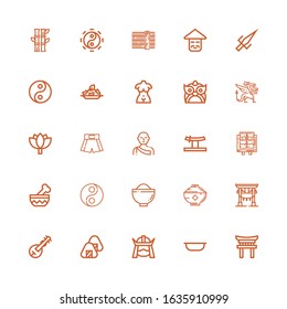 Editable 25 asian icons for web and mobile. Set of asian included icons line Torii, Bowl, Samurai, Onigiri, Veena, Yin yang, Tofu, Katana, Monk, Boxing shorts on white background