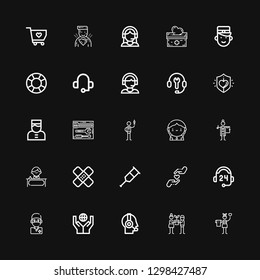 Editable 25 assistance icons for web and mobile. Set of assistance included icons line Donation, Hope, Customer service, Surgeon, Support, Charity, Crutch on black background
