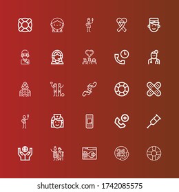 Editable 25 assistance icons for web and mobile. Set of assistance included icons line Lifesaver, Customer service, Support, Charity, Donation, Crutch, Emergency call, Plaster on red