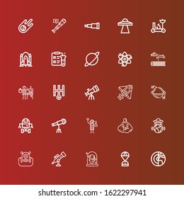 Editable 25 astronomy icons for web and mobile. Set of astronomy included icons line Planet, Space capsule, Scientist, Telescope, Alien, Ufo, Astral, Space robot, Rocket on red