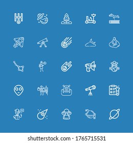 Editable 25 astronomy icons for web and mobile. Set of astronomy included icons line Planet, Ufo, Asteroid, Scientist, Science, Telescope, Alien, Parabolic on blue background