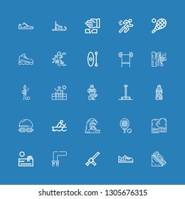 Editable 25 athlete icons for web and mobile. Set of athlete included icons line Luge, Sneakers, Baton, Jumping rope, Swimming pool, Boxing gloves, Tennis, Skimboard on blue background