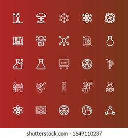 Editable 25 atom icons for web and mobile. Set of atom line icons including: Molecules, Geothermal, Radiation, Chemistry, Atom, Flask, Scientist, Lab, Nanotechnology, Radioactive on red