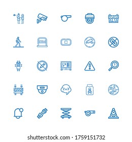 Bearbeitbare 25 Aufmerksamkeitssymbole für Web und Mobile. Aufmerksamset inbegriffen Symbole der Linie Kone, Whistle, Aufzug, Sicherheitsgurt, Benachrichtigung, kein Sitzen, Gift, Problem auf weißem Hintergrund