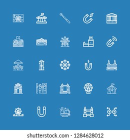 Editable 25 attraction icons for web and mobile. Set of attraction included icons line Magnet, Tower bridge, Attraction, Amusement park, Circus tent, Ferris wheel on blue background