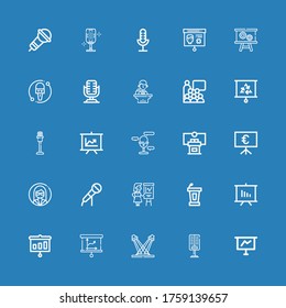 Editable 25 audience icons for web and mobile. Set of audience included icons line Presentation, Microphone, Concert, Conference, Customer on blue background