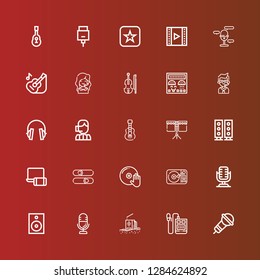 Editable 25 audio icons for web and mobile. Set of audio included icons line Microphone, Voice recorder, Radio, Speaker, Turntable, DJ, Sliders, Electronics, Speakers, Drum on red