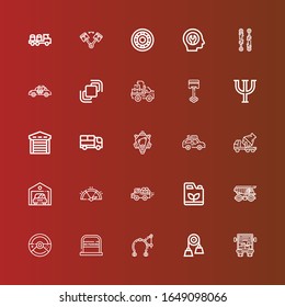 Editable 25 automobile icons for web and mobile. Set of automobile included icons line Delivery truck, Pulley, Brake, No parking, Car, Cargo truck, Gasoline, Pick up, Gauge on red