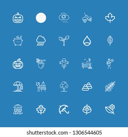 Editable 25 autumn icons for web and mobile. Set of autumn included icons line Leaf, Hop, Umbrella, Candy corn, Fruit tree, German, Lullaby, Park, Scarecrow on blue background