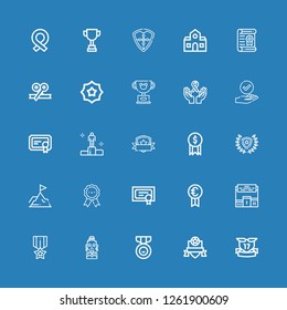 Editable 25 award icons for web and mobile. Set of award included icons line Ribbons, Badge, Medal, Actress, Pedestal, Prize, Diploma, Medals, Achievement, Winner on blue background