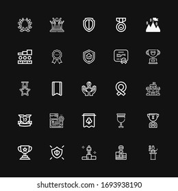 Editable 25 award icons for web and mobile. Set of award included icons line Awards, Podium, Winning, Shield, Trophy, Goblet, Banner, Diploma, Ribbons, School on black background