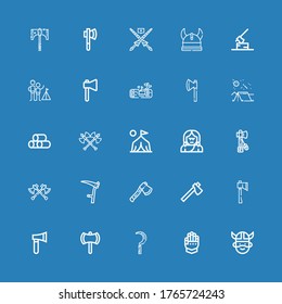 Bearbeitbare 25 Axt Icons für Web und Mobile. Set mit Axt inbegriffen Symbole der Linie Viking, Gauntlet, Scythe, Ax, Ax, Axes, Tomahawk, Troglodyte, Camp, Wood, Camping auf blauem Hintergrund