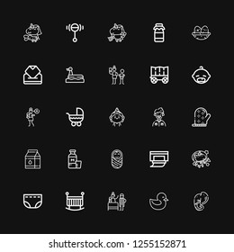 Editable 25 baby icons for web and mobile. Set of baby included icons line Elephant, Duck, Birth, Crib, Diaper, Unicorn, Wipes, Baby, Milk, Mitten, Grandfather on black background
