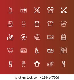 Editable 25 back icons for web and mobile. Set of back included icons line Arrows, Gift card, Tshirt, Pencil case, Postcard, Arrow, Body, Backpack, Backward, Swimming, Sleeveless shirt on red