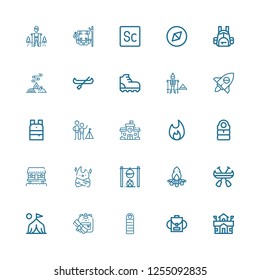 Editable 25 backpack icons for web and mobile. Set of backpack included icons line School, Backpack, Sleeping bag, Camp, Canoe, Bonfire, Cabin, Camping, Adventure on white background