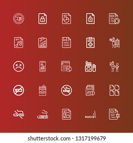 Editable 25 bad icons for web and mobile. Set of bad included icons line File, Cigarette, Cigar, No smoking, Neglect, No wifi, Unhappy, Smoker, Thumb down on red