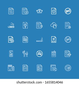 Bearbeitbar 25 schlechte Symbole für Web und Mobile. Set mit den nicht enthaltenen Symbolen Zeile Umherziehen, Datei, Zigarette, Rauchen, Vernachlässigung, Keine WiFi, Rauchen, Zigarren, Piratenhut auf blauem Hintergrund