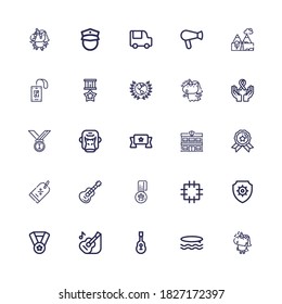 Editable 25 badge icons for web and mobile. Set of badge included icons line Unicorn, Surf, Guitar, Medal, Antivirus, Patch, Discount, Police station, Banner on white background