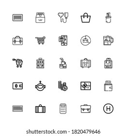 Editable 25 bag icons for web and mobile. Set of bag included icons line Hotel, Suitcase, Sleeping bag, Barcode, Wallet, Package, Money, Aqualung, Shopping on white background