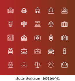 Editable 25 baggage icons for web and mobile. Set of baggage included icons line Suitcase, Briefcase, Balance, Backpack, Case, Waiting room, Travel guide, Flight information on red