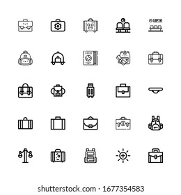 Editable 25 baggage icons for web and mobile. Set of baggage included icons line Briefcase, Balance, Backpack, Suitcase, Case, Travel guide, Luggage, Waiting room on white background