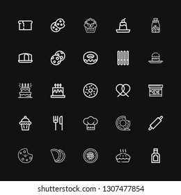 Editable 25 bakery icons for web and mobile. Set of bakery included icons line Food, Pie, Chinese food, Pastry, Cookie, Rolling pin, Donut, Chef, Restaurant on black background