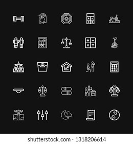 Editable 25 balance icons for web and mobile. Set of balance included icons line Yin yang, Receipt, Night mode, Levels, Fitness, Balance, Cooking, Sliders on black background