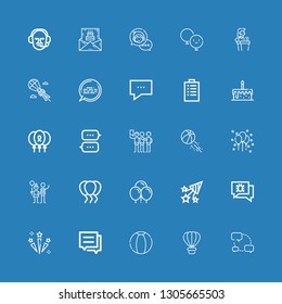 Editable 25 balloon icons for web and mobile. Set of balloon included icons line Chat, Hot air balloon, Beach ball, Conversation, Celebration, Confetti, Balloons on blue background