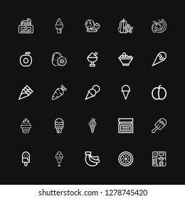 Editable 25 banana icons for web and mobile. Set of banana included icons line Ice cream, Kiwi, Bananas, Cream, Plum, Vegetables, Fruit bowl, Apricot, Fruits on black background