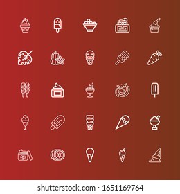 Editable 25 banana icons for web and mobile. Set of banana included icons line Ice cream, Kiwi, Cream, Fruits, Vegetables, Carambola, Monstera leaf, Fruit bowl on red