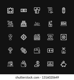 Editable 25 bank icons for web and mobile. Set of bank included icons line Piggy bank, Money, Dollar, Wallet, Cash register, Money bag, Exchange, Safebox, Bitcoin on black background