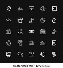 Editable 25 banking icons for web and mobile. Set of banking included icons line Hemoglobin, Funds, Wallet, Piggy bank, Atm, Bill, Gold, Investment, Money on black background