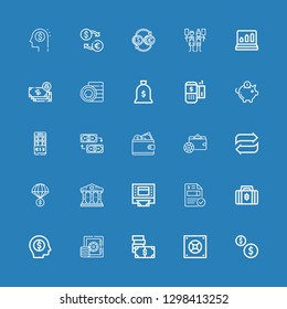 Editable 25 banking icons for web and mobile. Set of banking included icons line Coins, Safebox, Money, Bitcoin, Invoice, Atm, Courthouse, Transfer, Wallet on blue background