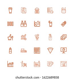 Editable 25 bar icons for web and mobile. Set of bar included icons line Analytics, Mug, Room service, Increase, Pizza, Vending machine, Scan, Bottle, Browser on white background