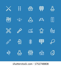 Bearbeitbar 25 Grillsymbole für Web und Mobile. GrillSet inklusive Ikonen-Reihe inklusive Fleisch, Rösten, Grill, Vorron, Butcher, Hühnerbein, Hot dog, Tongs, Tandoor, Huhn auf blauem Hintergrund