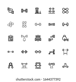 Editable 25 barbell icons for web and mobile. Set of barbell included icons line Weightlifting, Dumbbell, Barbell, Bench press, Chest expander, Gym file, Resistance band on white background