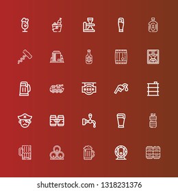 Editable 25 barrel icons for web and mobile. Set of barrel included icons line Beers, Beer, Oil, Beer tap, Pirate, Barrel, Gas station, Tank, Corkscrew on red