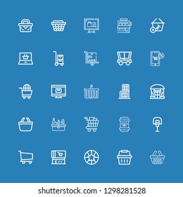 Editable 25 basket icons for web and mobile. Set of basket included icons line Basket, Shopping Basketball, Supermarket, Shopping cart, Waste, Picnic on blue background