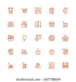 Editable 25 basket icons for web and mobile. Set of basket included icons line Trolley, Shop, Basketball, Delivery cart, Shopping cart, Shopping basket, on white background