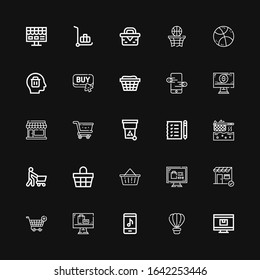 Editable 25 basket icons for web and mobile. Set of basket included icons line Online shop, Hot air balloon, Online store, Shopping cart, Store, Online shopping on black background