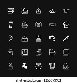 Editable 25 bath icons for web and mobile. Set of bath included icons line Deodorant, Towel, Shower, Faucet, Soap, Bathtub, WASHING HANDS, Sink, Baby chair on black background